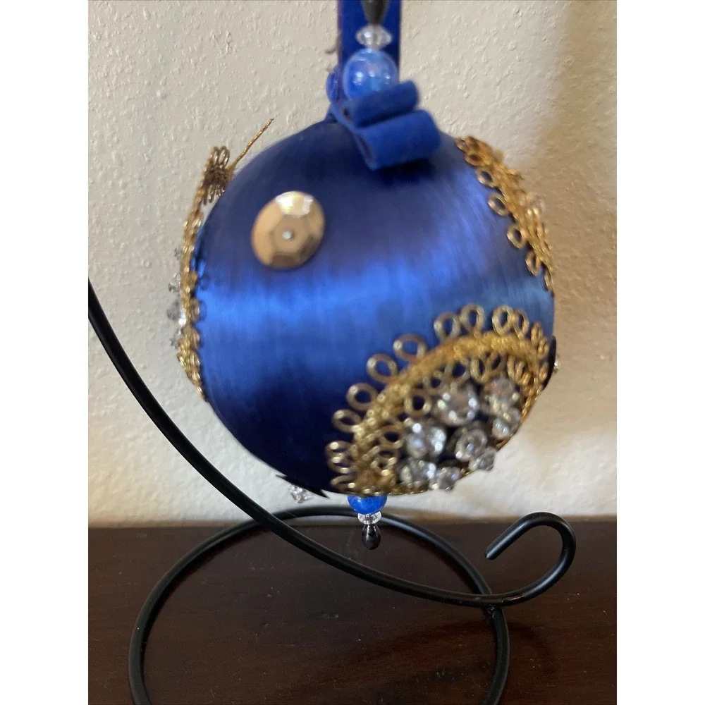 Vintage Bead‎ Sequin Push Pin Christmas Tree Ornament Blue Satin Completed